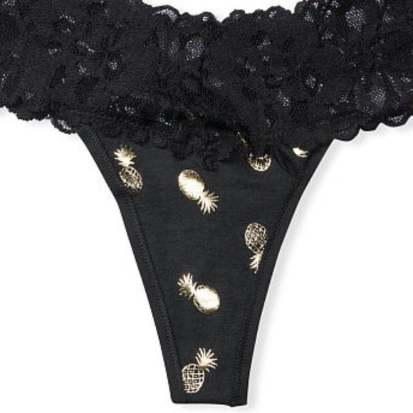 VS XS Pineapple Thong Lace Waist Panty Black Pineapple NWT - Picture 1 of 14